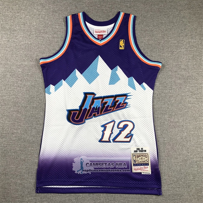 Camiseta Nino Utah Jazz John Stockton NO 12 Hardwood Classics Throwback 1996-97 Violeta